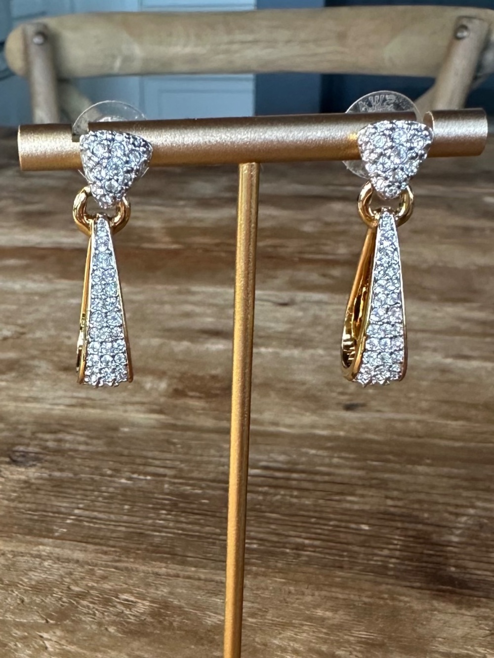 Swarovski Crystal Pavé Elongated Drop Earrings Gold Tone Statement Dangles